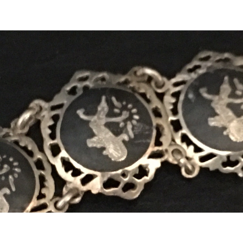 Vintage Sterling Silver Siam Amfarco Niello Thai Motif Link Bracelet 6" 3/4"